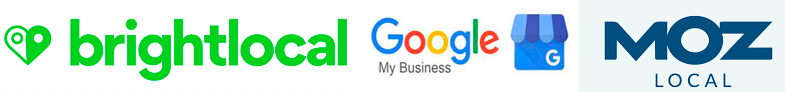 Logotipos de BrightLocal, Google My Business y Moz Local, herramientas para SEO y análisis de Google Maps.